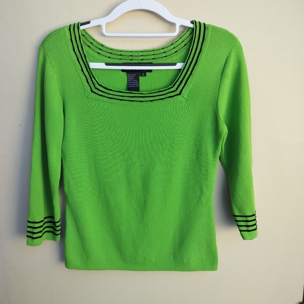 Y2K Brat Green Square Neck Knit Sweater Black Striped Trim Small